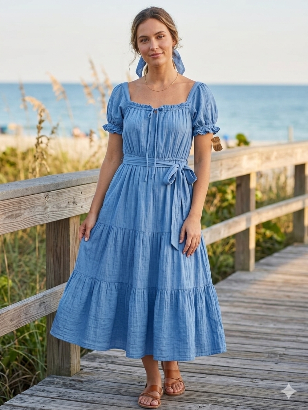 NWT Just Found Blue Textured Cotton Tiered Midi Dress Puff Sleeve Medium